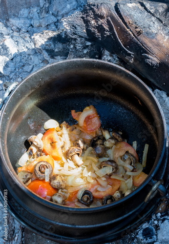 Food prepared alfresco on an open fire in a cast iron pot traditional Afrikaner method