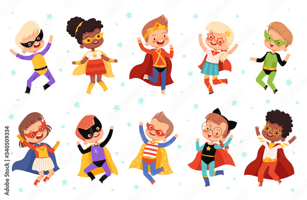 Set with cute kids superheroes. Joyful guys in superhero costumes jump and laugh Set with cute kids superheroes. Joyful guys in superhero costumes jump and laugh