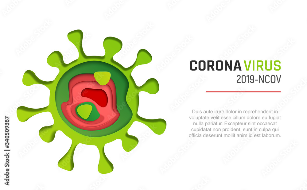Coronavirus paper cut style vector illustration. 2019-NCOV cell on white background. Green Covid-19 molecule Coronavirus paper cut style vector illustration. 2019-NCOV cell on white background. Green Covid-19 molecule