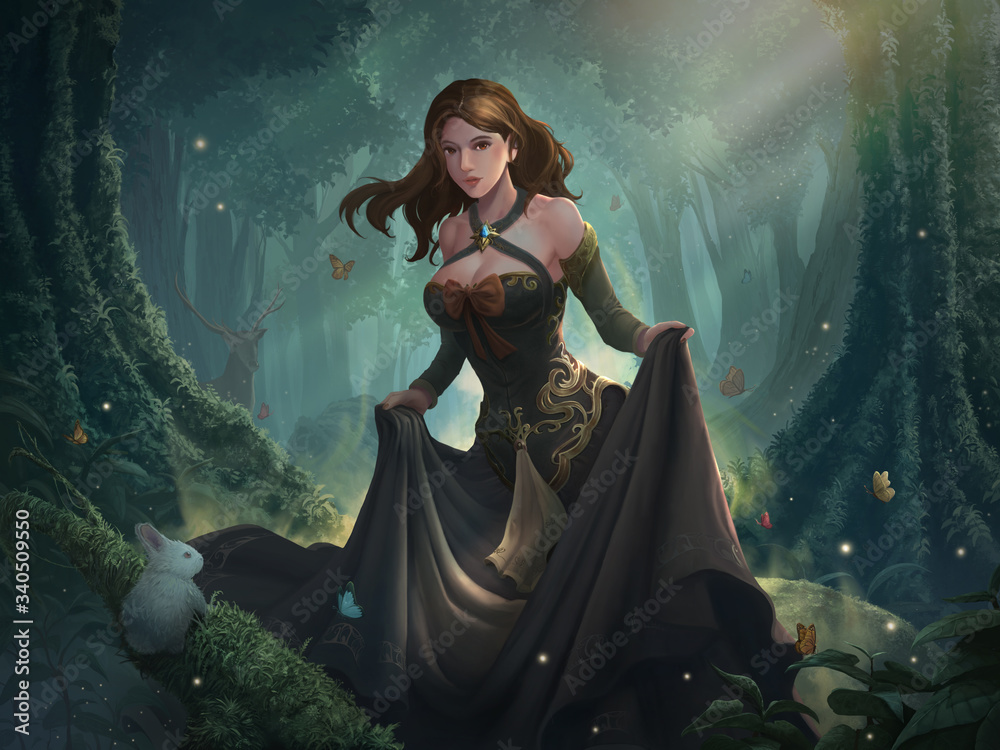Naklejka premium Cyfrowa ilustracja pięknej średniowiecznej księżniczki fantasy.