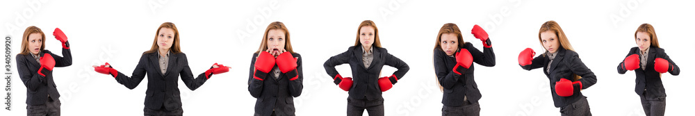 Woman businesswoman with boxing gloves on white Woman businesswoman with boxing gloves on white