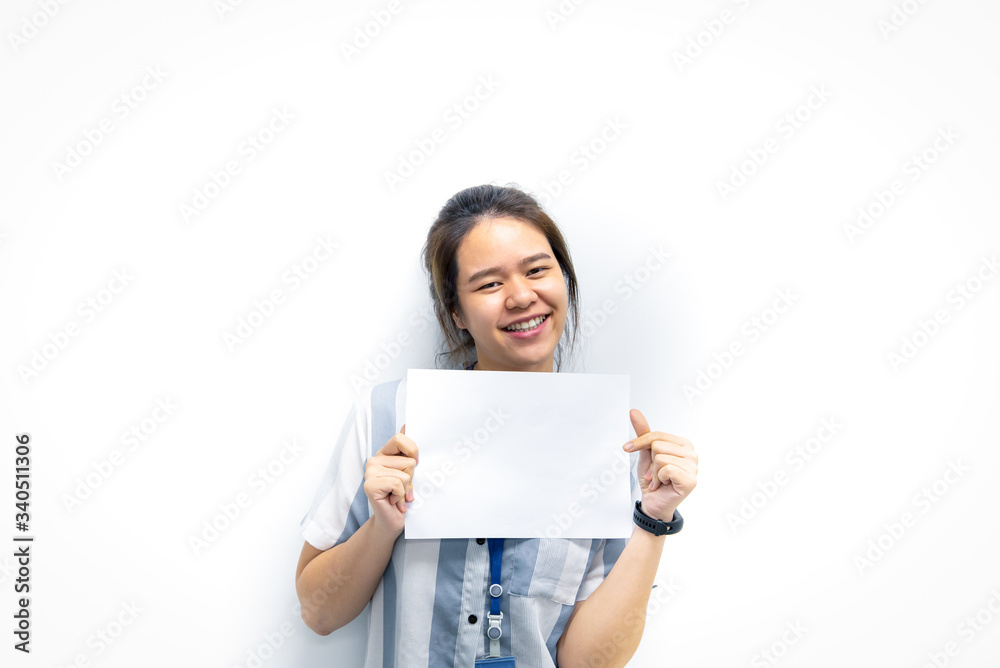 Woman showing blank white paper for copy space Woman showing blank white paper for copy space