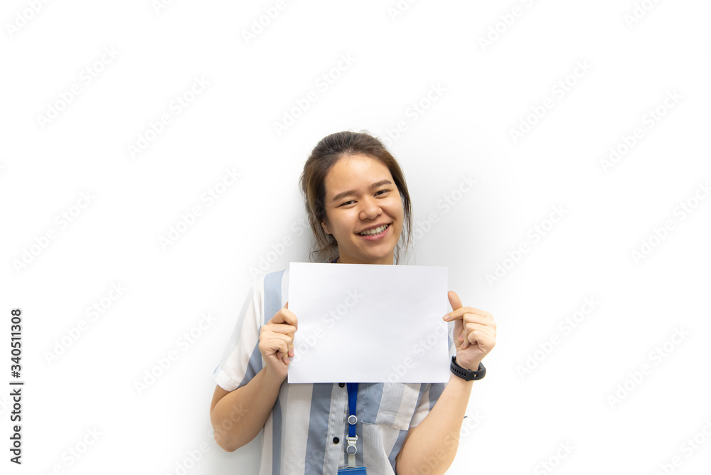 Woman showing blank white paper for copy space Woman showing blank white paper for copy space