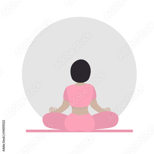 Woman does yoga at home. Girl in lotus position meditating. Concept online yoga class and quarantine time.  Cute illustration in flat style. 