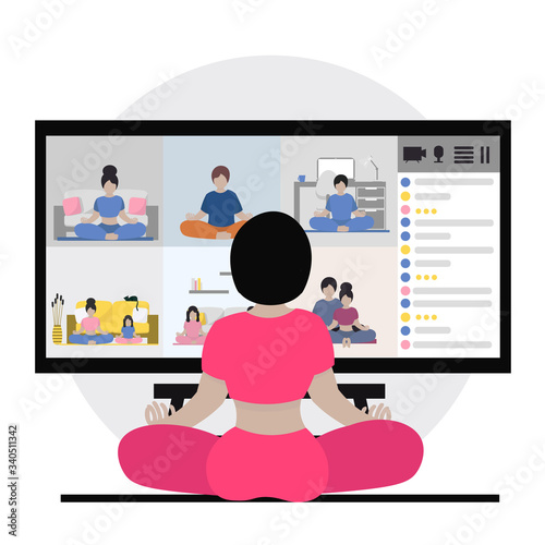 Yoga teacher gives a lesson using video conferencing. Guru teaching meditation people with Internet. Concept online yoga and home education. Illustration in flat style.
