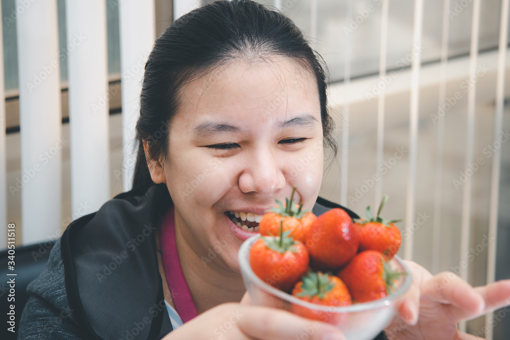 Woman eat strawberry red berry fruit sweet juicy Woman eat strawberry red berry fruit sweet juicy