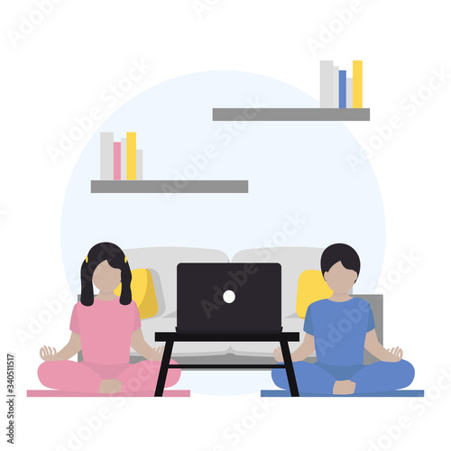 Children does yoga at home near sofa. Girl and boy in lotus position meditating in front of a laptop. Concept online yoga class and quarantine time.  Cute illustration in flat style. 
