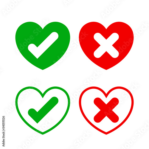 check mark sign in heart shape isolated on white, checkmark yes or no vote in speech box symbol, correct choice x or confirm and deny icon, cross or right for question, heart label talk ok and deny