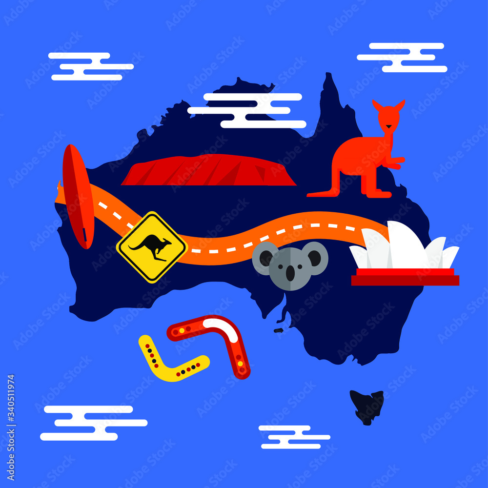 Naklejka premium Mapa Australii z rozpoznawalnymi symbolami Australii. Cartoon Australia continent map with famous symbols of Australia. Vector illustration. 