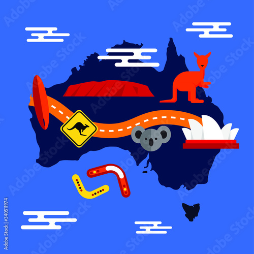 Mapa Australii z rozpoznawalnymi symbolami Australii.
Cartoon Australia continent map with  famous symbols of Australia. Vector illustration. 
