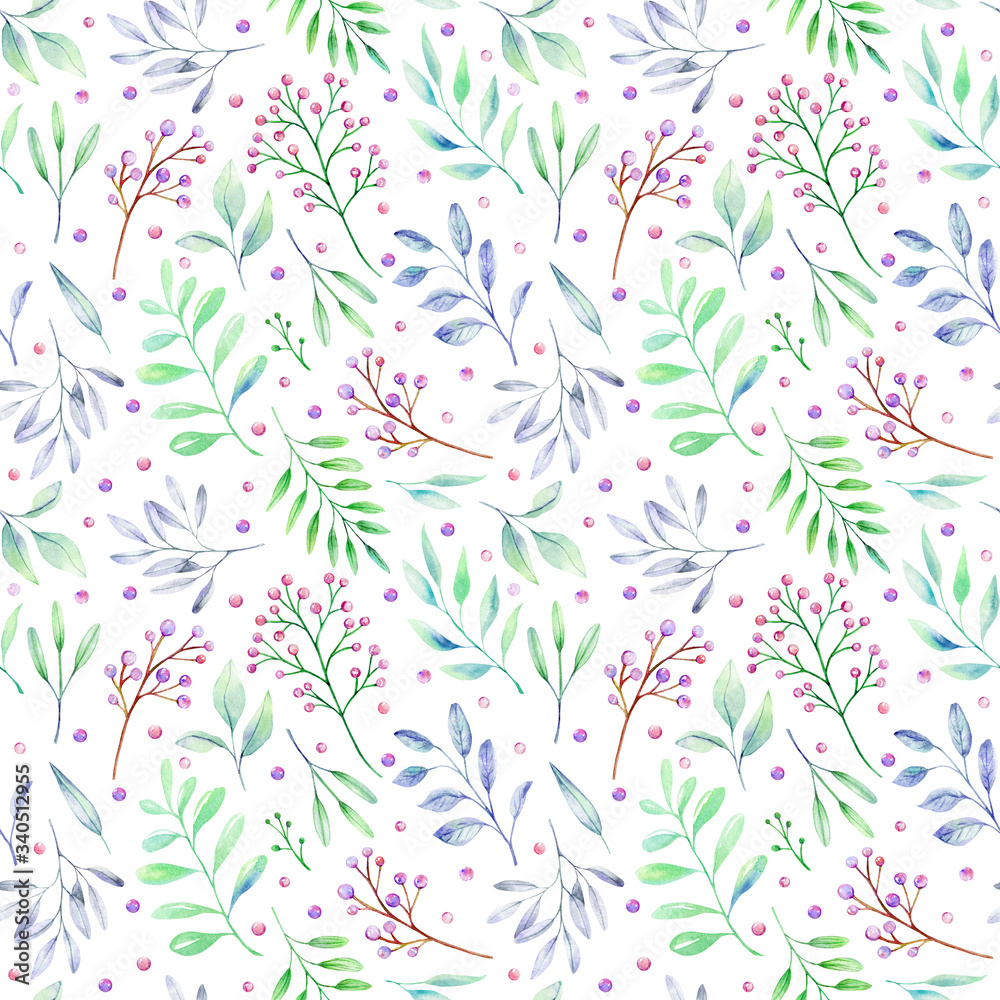 Watercolor seamless pattern with purple and green leaves, purple berries on white background. Hand drawn illustration Watercolor seamless pattern with purple and green leaves, purple berries on white background. Hand drawn illustration