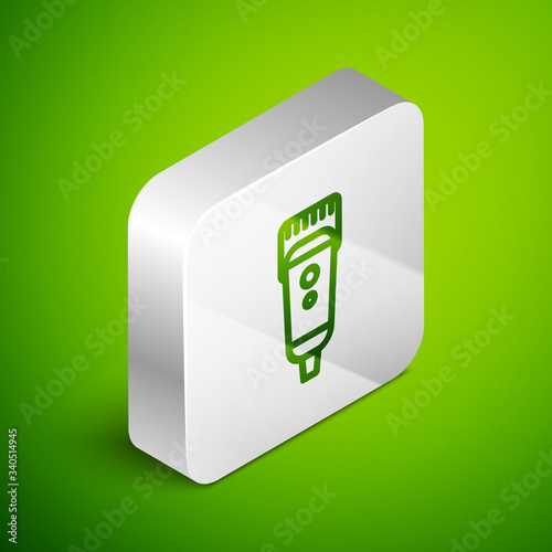 Isometric line Electrical hair clipper or shaver icon isolated on green background. Barbershop symbol. Silver square button. Vector Illustration