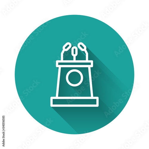White line Stage stand or debate podium rostrum icon isolated with long shadow. Conference speech tribune. Green circle button. Vector Illustration
