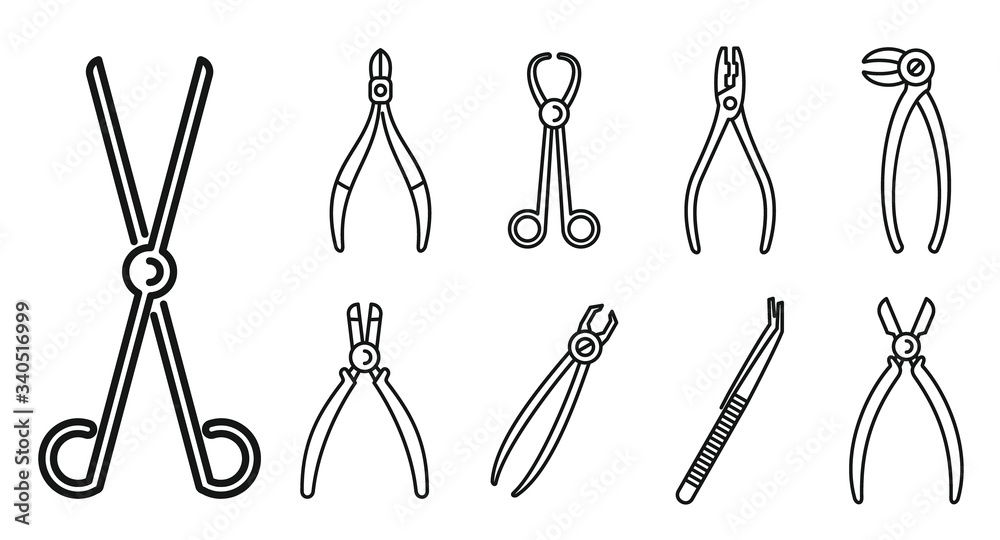 Clinic forceps icons set. Outline set of clinic forceps vector icons for web design isolated on white background Clinic forceps icons set. Outline set of clinic forceps vector icons for web design isolated on white background