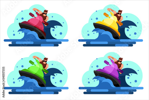 A guy man driving  on a jet ski vector flat illustration. Set of colours. Water and sun happy picture