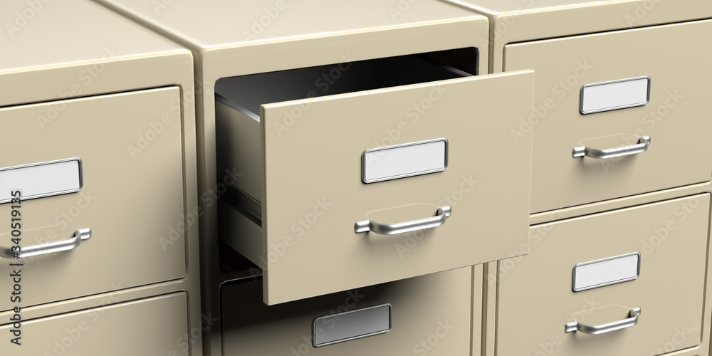 Filing cabinets and open drawer. Office document file organisation. 3d illustration Filing cabinets and open drawer. Office document file organisation. 3d illustration