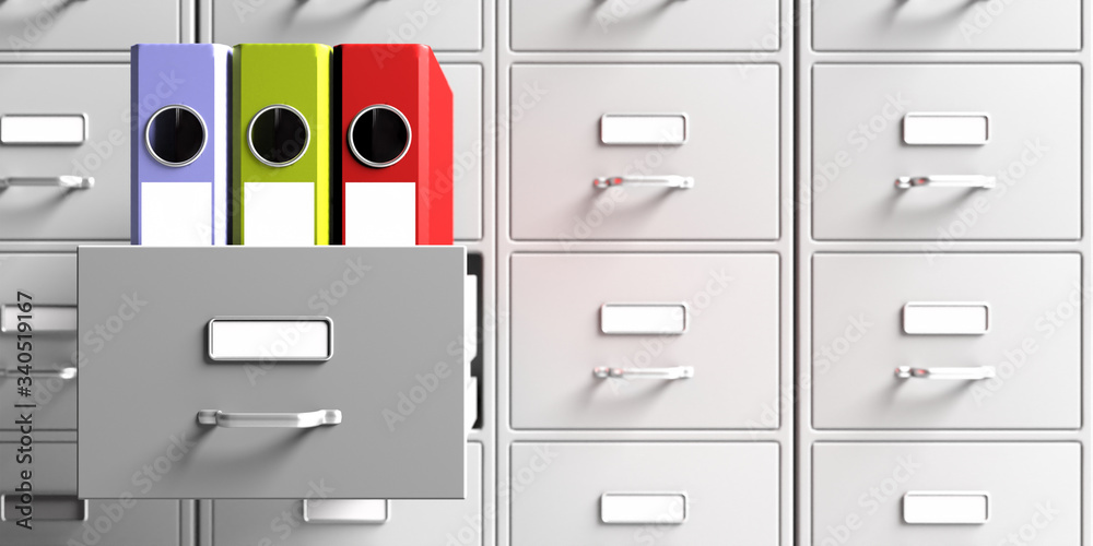Office document binders in a filing cabinet drawer. 3d illustration Office document binders in a filing cabinet drawer. 3d illustration