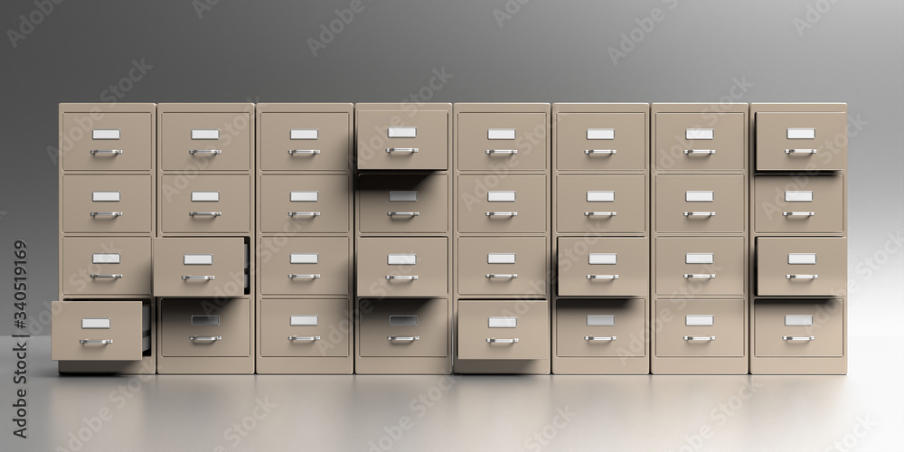 Filing cabinets in a gray background. Office document file organisation. 3d illustration Filing cabinets in a gray background. Office document file organisation. 3d illustration