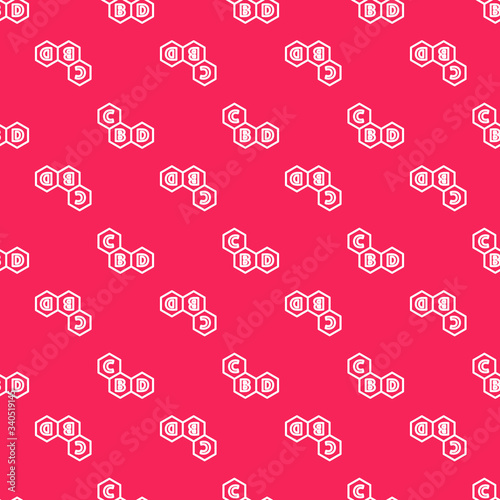 White line Cannabis molecule icon isolated seamless pattern on red background. Cannabidiol molecular structures, THC and CBD formula. Marijuana sign. Vector Illustration