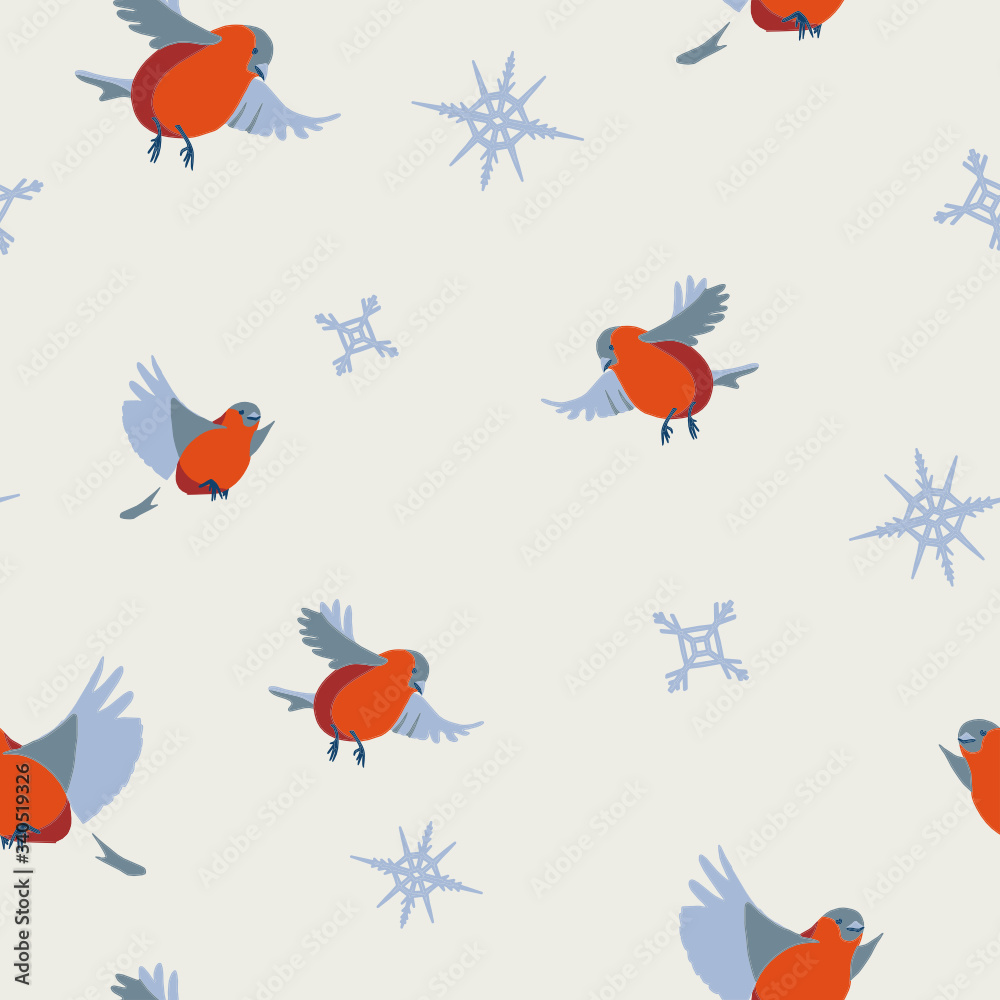 Vector seamless winter pattern with bullfinch birds and floral motifs