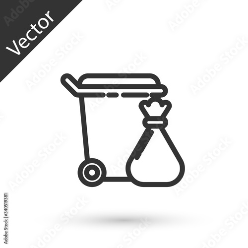 Grey line Trash can and garbage bag icon isolated on white background. Garbage bin sign. Recycle basket icon. Office trash icon. Vector Illustration