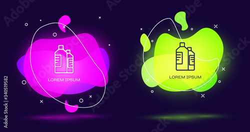 Line Plastic bottles for laundry detergent, bleach, dishwashing liquid or another cleaning agent icon isolated on black background. Abstract banner with liquid shapes. Vector Illustration