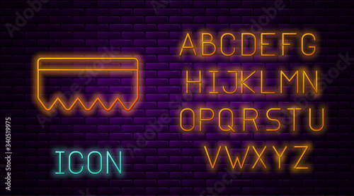 Glowing neon line Sponge with bubbles icon isolated on brick wall background. Wisp of bast for washing dishes. Cleaning service logo. Neon light alphabet. Vector Illustration
