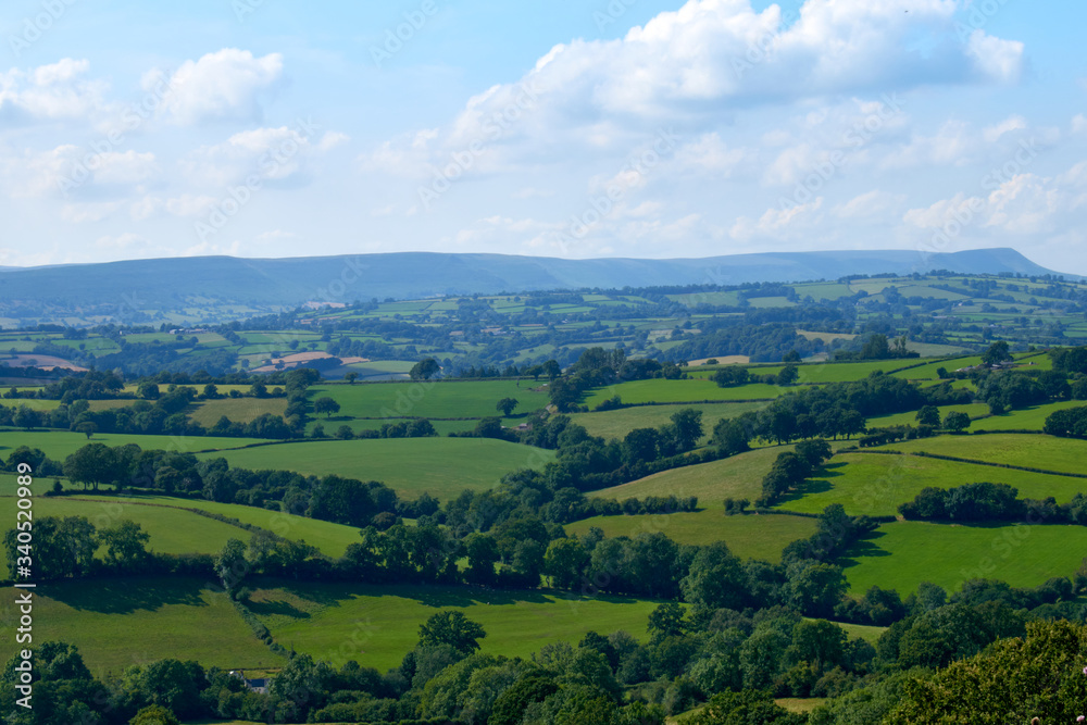 Rolling hills and fields over Herefordshire countryside