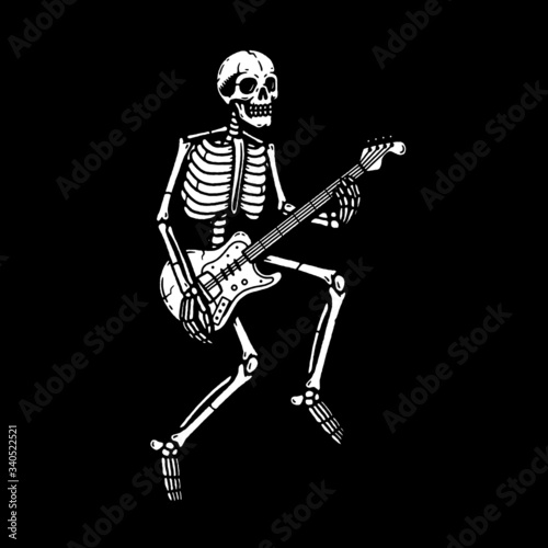 SKELETON WITH ELECTRIC GUITAR WHITE BLACK BACKGROUND