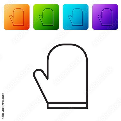 Black line Oven glove icon isolated on white background. Kitchen potholder sign. Cooking glove. Set icons in color square buttons. Vector Illustration
