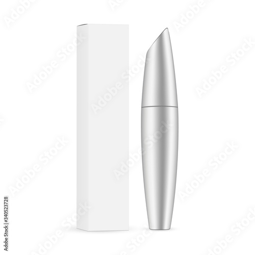 Metallic mascara with paper box mockup isolated on white background. Vector illustration