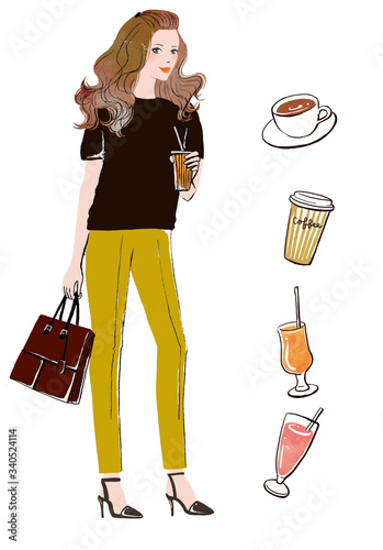 ドリンクいろいろとテイクアウトのドリンクを持った女性