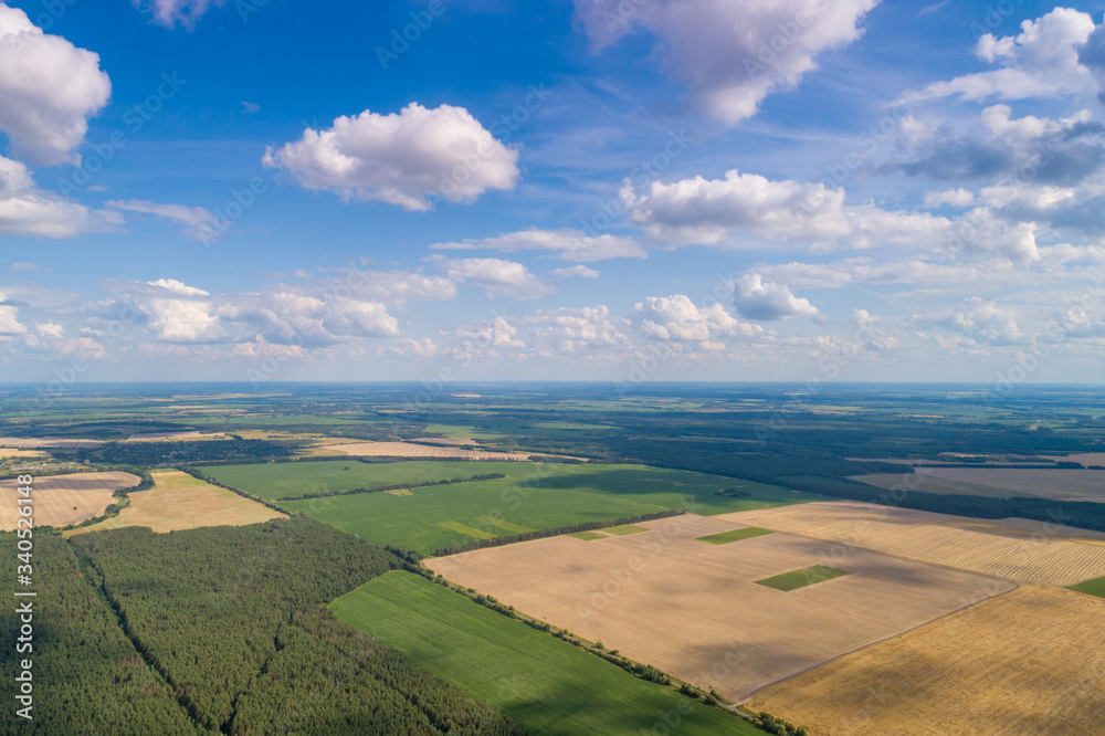 Rural landscape with a beautiful sky. Aerial view. View of plowed and green fields and pine forest in spring