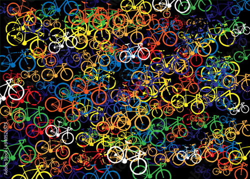Black background with small colorful bicycles. Illustration. 
