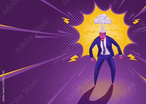 flat vector image on purple background, angry man in business clothes, nuclear explosion over his head, angry boss