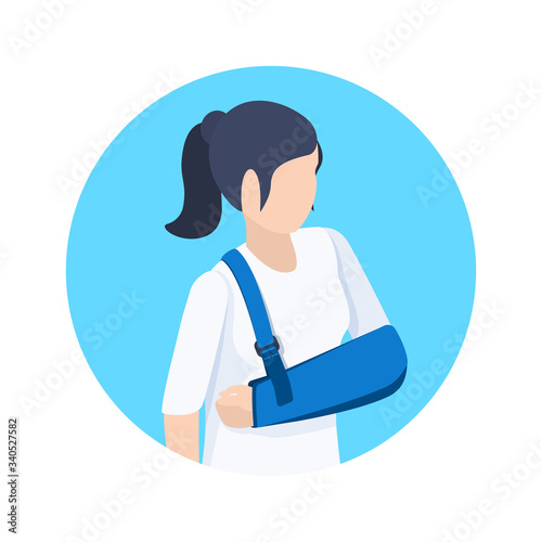 isometric vector image on a blue background, a woman with a broken arm, treatment of injuries and bondage for the hand