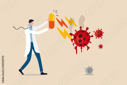 Coronavirus COVID-19 medicine or vaccine discovery, drugs to cure COVID-19 flu concept, doctor holding big tablet medicine or drugs with recovery effect to kill Coronavirus pathogen to melt to death.