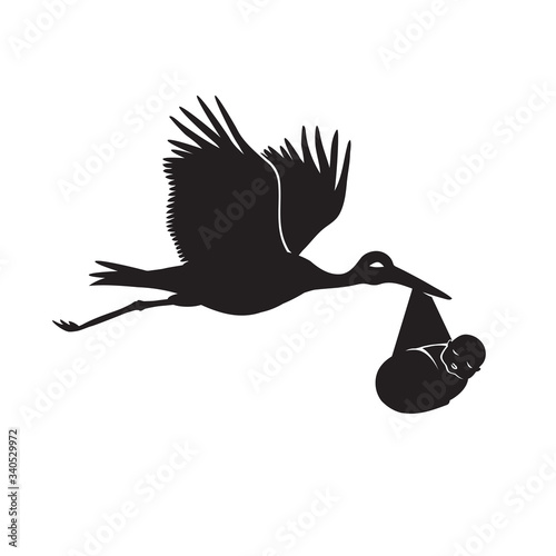 Stork carrying a child on a white isolated background. Vector image