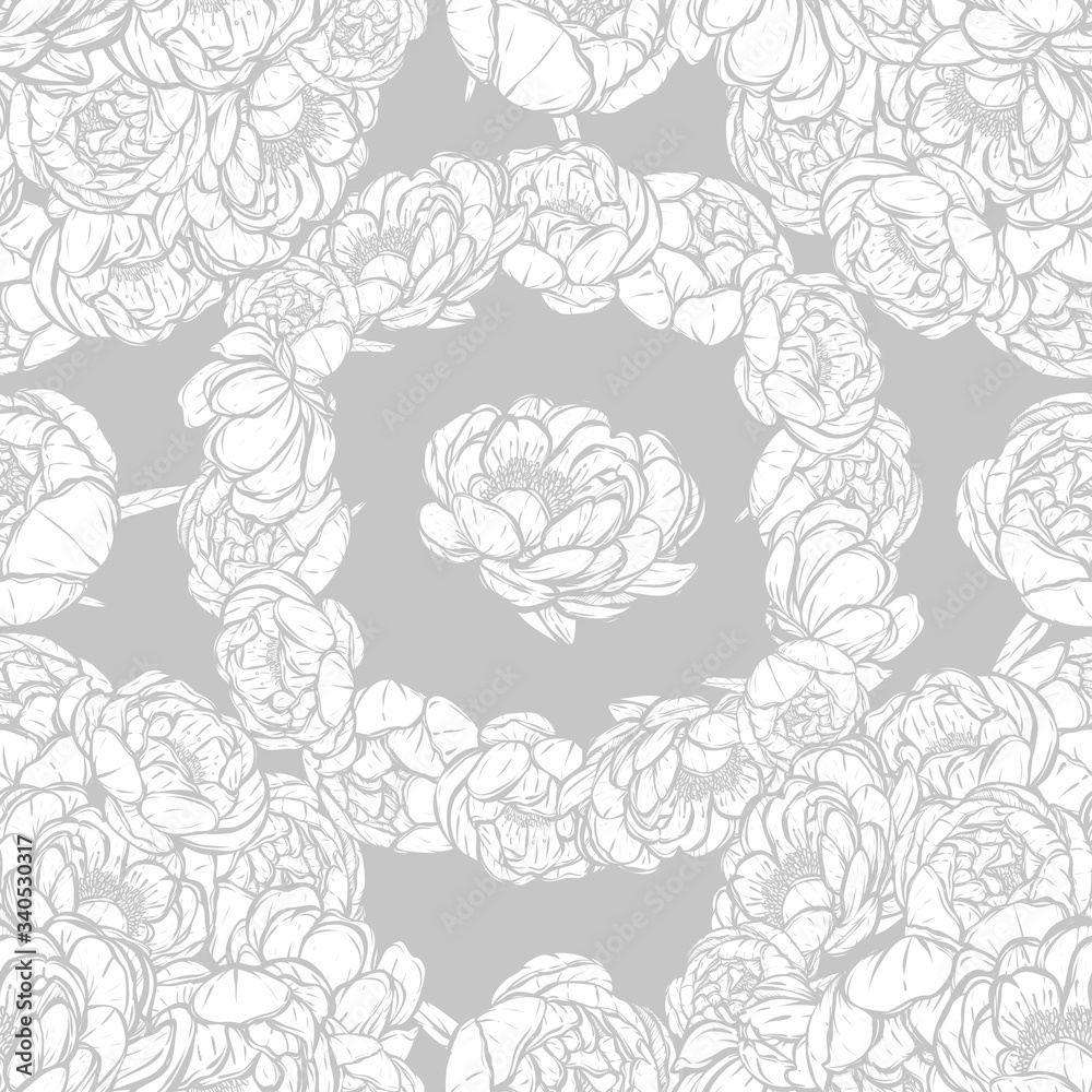 Vector illustration.Flower decoration of peonies. card for you. Handmade, prints on T-shirts,background grey, seamless pattern