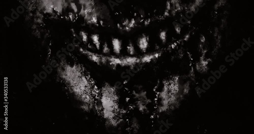 Scary monster smiling face. Angry smile of sharp fangs. Movie effect video clip. Evil demon rejoices. 2D animation horror fantasy genre. Creepy black and white background. Grunge and noir styles.  photo