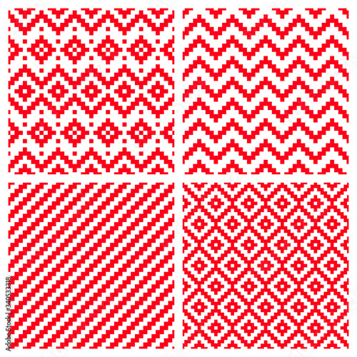 Vector set of red geometric pixel seamless patterns