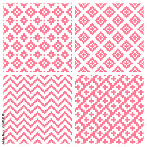Vector set of pink geometric pixel seamless patterns