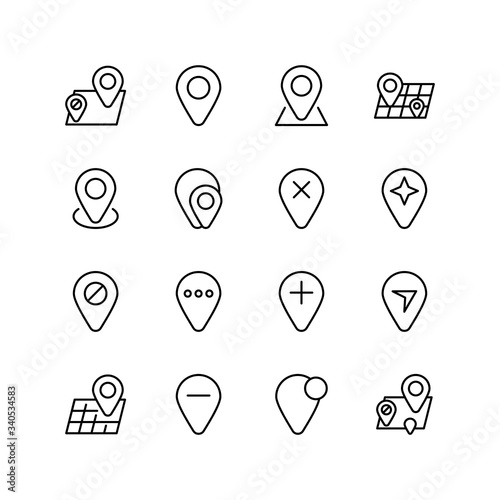 Set of map pin location line icon design, black outline vector icons, isolated against the white background, travel vector illustration.