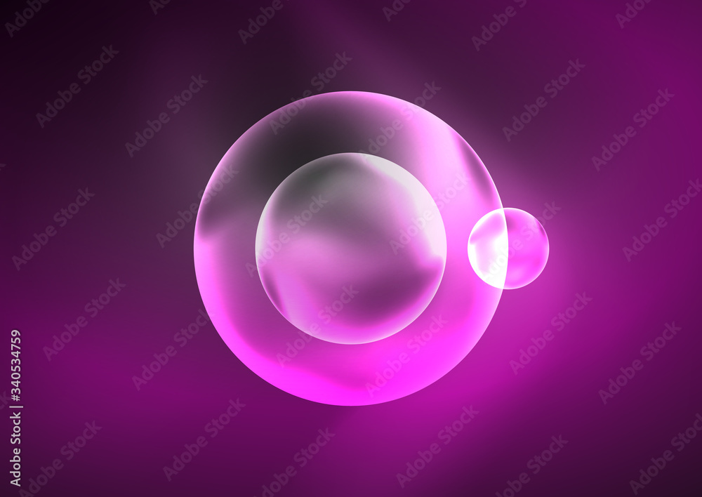 Glowing neon shiny transparent bubbles, glass circles or bio cell concept. Techno futuristic vector abstract background For Wallpaper, Banner, Background, Card, Book Illustration, landing page