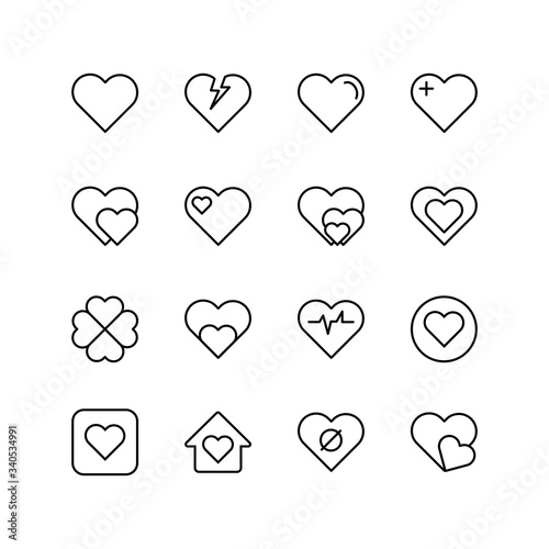 Set of heart love line icon design, black outline vector icons, isolated against the white background, romance vector illustration.