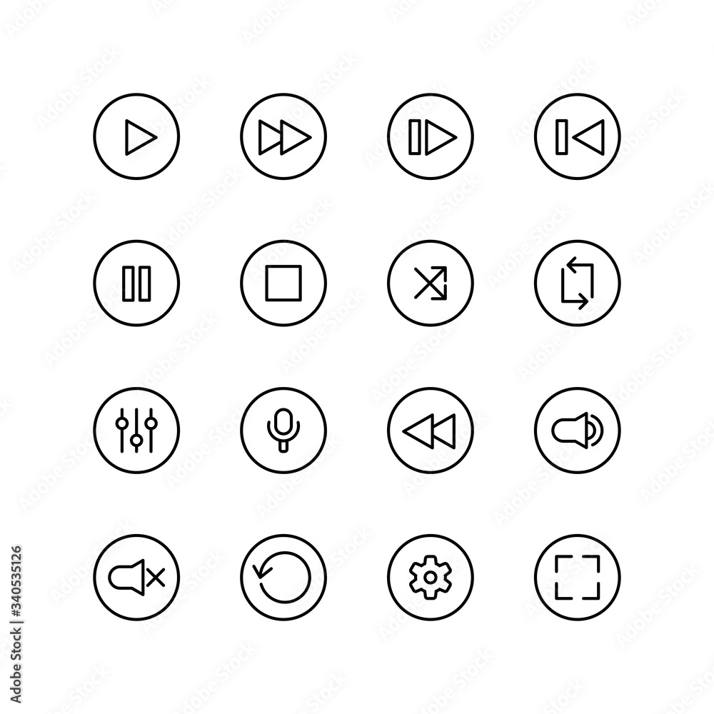 Set of play button line icon design, black outline vector icons, isolated against the white background, media button vector illustration. Set of play button line icon design, black outline vector icons, isolated against the white background, media button vector illustration.