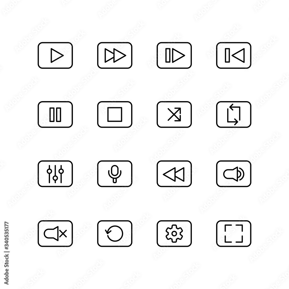 Set of play button line icon design, black outline vector icons, isolated against the white background, media button vector illustration. Set of play button line icon design, black outline vector icons, isolated against the white background, media button vector illustration.
