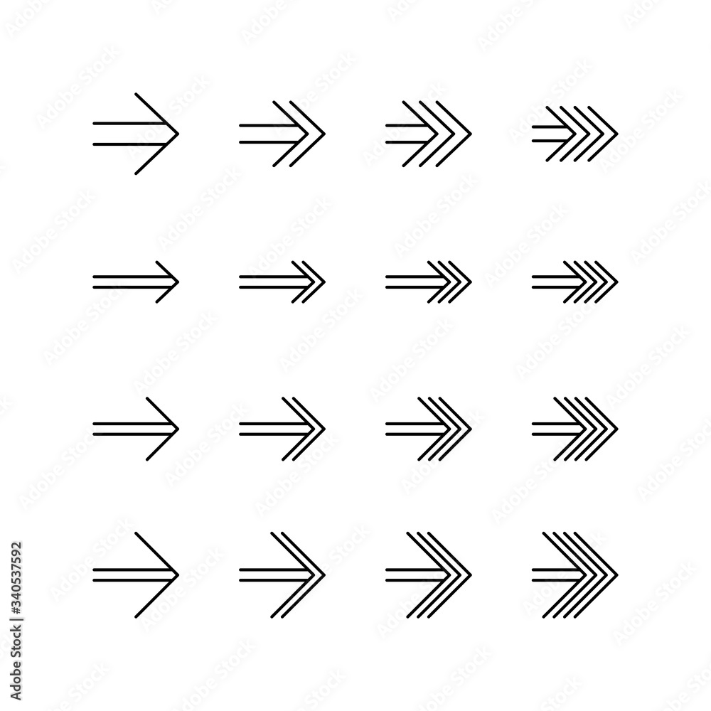 Set of arrow line icon design, black outline vector icons, isolated against the white background, forward mark vector illustration. Set of arrow line icon design, black outline vector icons, isolated against the white background, forward mark vector illustration.