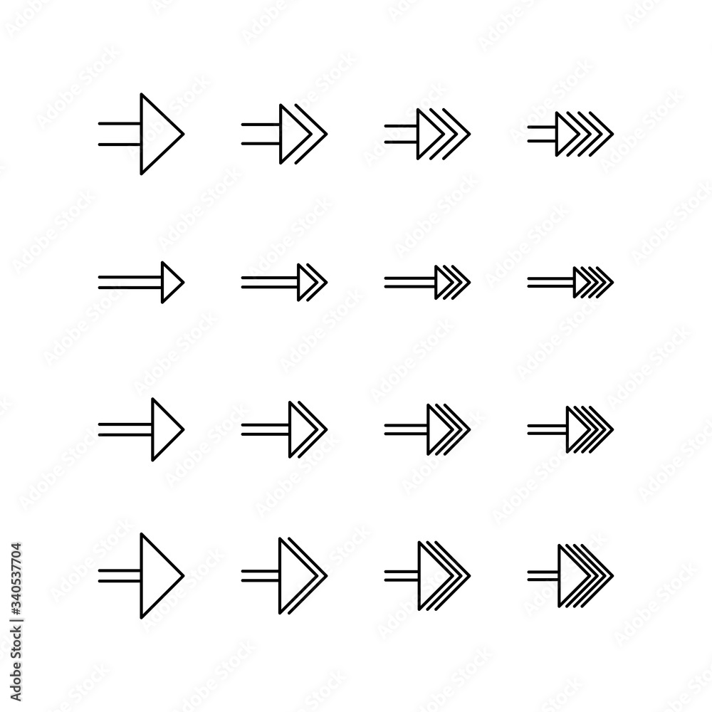 Set of arrow line icon design, black outline vector icons, isolated against the white background, forward mark vector illustration. Set of arrow line icon design, black outline vector icons, isolated against the white background, forward mark vector illustration.