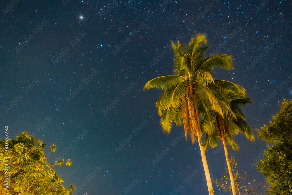 beautiful sky at night with milky way and many star at Champasak, Laos